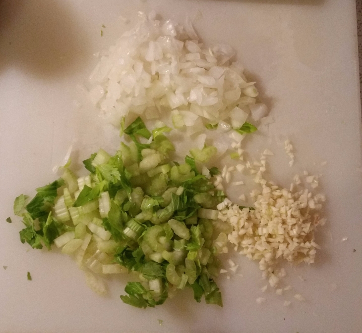 Chop the onion, dice the celery, mince the garlic.