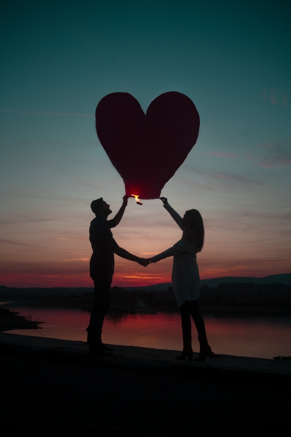 romance, sunset, heart lantern